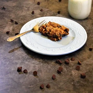 Chocolate chip cookie bar goes great with a tall glass of milk.